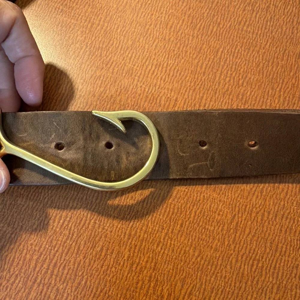 Leather Brass Fish Hook Belt Measures 38